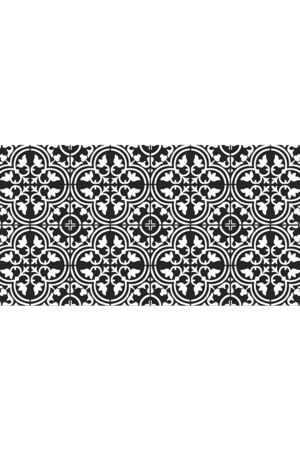 Alfombra vinílica baldosas mediterránea negra con dibujo en blanco talla L 150x80 cm