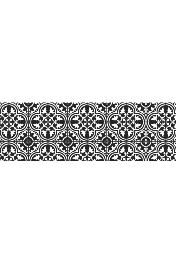 Alfombra vinílica baldosas mediterránea negra con dibujo en blanco talla M 180x60 cm