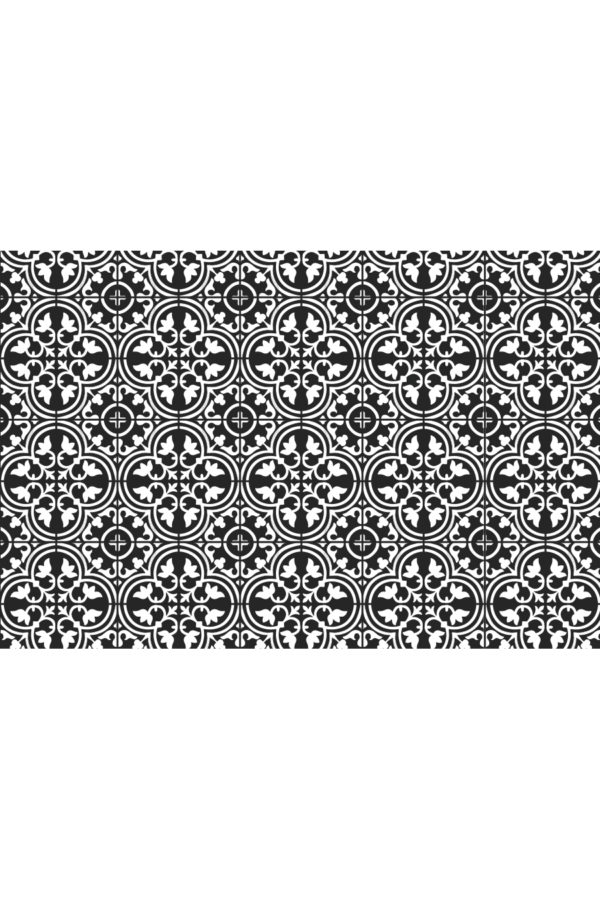 Alfombra vinílica baldosas mediterránea negra con dibujo en blanco talla XL 196x130 cm